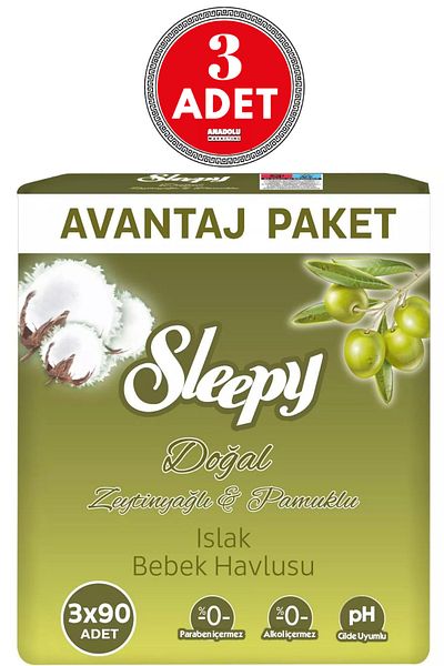 Sleepy Wet Towel Wipes 3x90 Sheets Olive Oil Advantage Package 3 Pieces with Plastic Cover