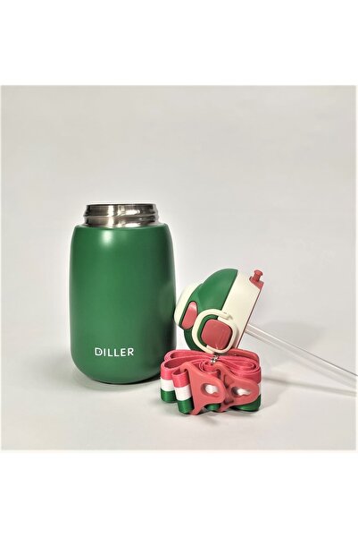 DILLER Green Thermos Flask - 420ml with Steel Straw