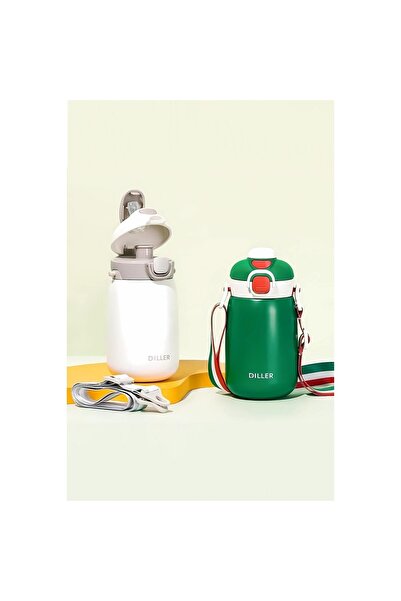 DILLER Green Thermos Flask - 420ml with Steel Straw