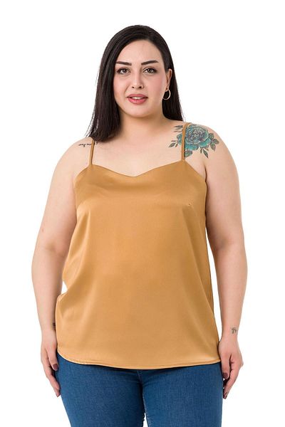 DISENTIS MODEST Plus Size Adjustable Thin Strap Satin Camel Blouse