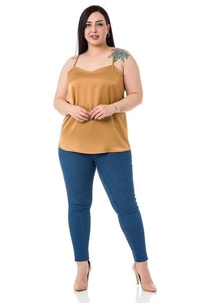 DISENTIS MODEST Plus Size Adjustable Thin Strap Satin Camel Blouse
