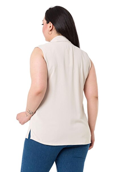 DISENTIS MODEST Büyük Beden Gömlek Yaka Düğmeli Kolsuz Ekru Gömlek