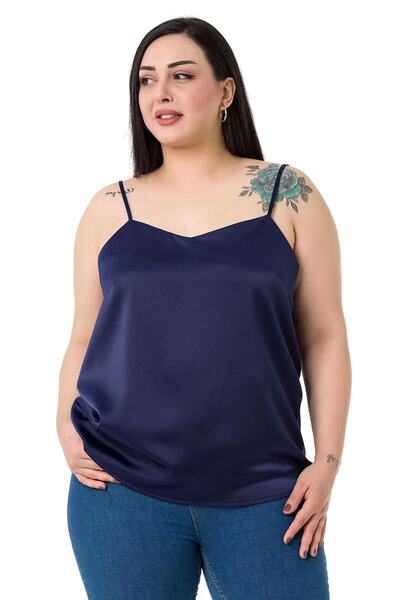 DISENTIS MODEST Plus Size Adjustable Thin Strap Satin Navy Blue Blouse