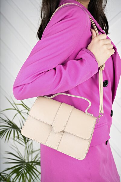 Mera Bej Suni Deri Kutu Model El Ve Omuz Çantası