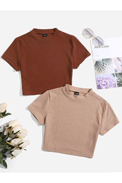 ÖZ PAMUK Tricou tricot crop tricotat, 100% bumbac, 2 bucăți, cu nervuri