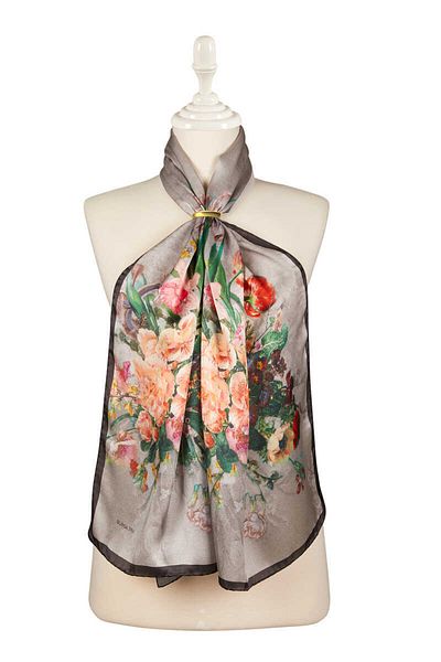 Bursa İpek Black Floral Narrow Silk Scarf