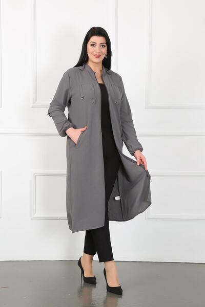 By Alba Collection Γυναικεία γκρι υφασμάτινη ζακέτα με μεταλλική λεπτομέρεια μεγάλου μεγέθους