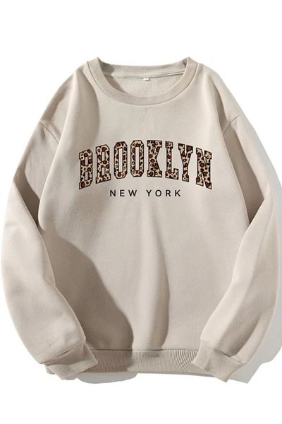 MODAGEN Φούτερ Unisex Beige Leopard Brooklyn Printed Crew Neck Oversize