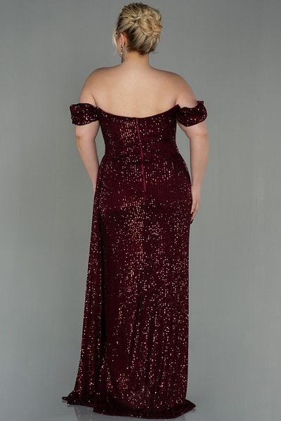 Abiyefon Burgundy Boat Neck Long Sequin Plus Size Evening Dress Abu2973