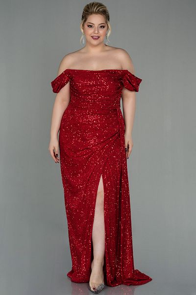 Abiyefon Red Boat Neck Long Sequin Plus Size Evening Dress Abu2973