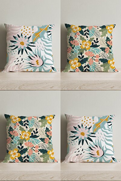 LadiesHome غطاء وسادة من 4 قطع بنمط زهور الربيع مطبوع على الوجهين - 43x43 سم