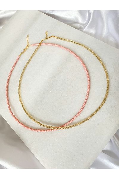 SWORDS CONCEPT Pink And Gold Double Bead Necklace Set