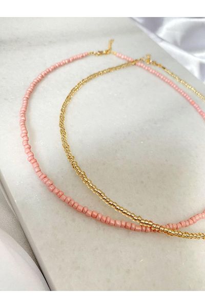 SWORDS CONCEPT Pink And Gold Double Bead Necklace Set