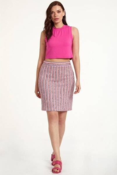 İKİLER Beli Lastikli Çizgili Etek 023-2004