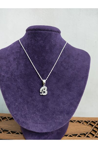 sarıyer silver B Harfi Zirkon Taşlı Gümüş Kolye Ucu Ve Gümüş Zincir 925 Ayar