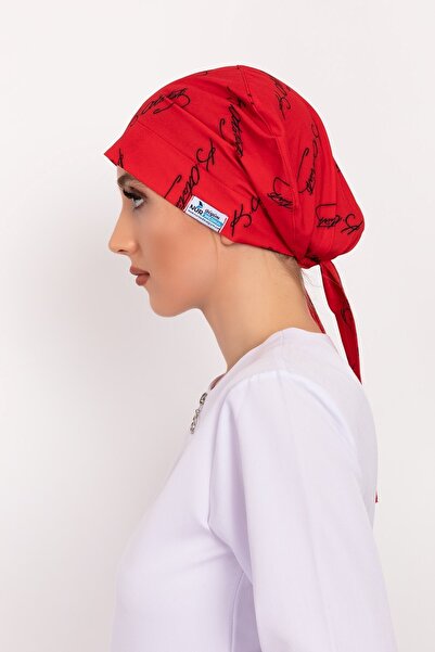 Nur Medikal Giyim Kadın Kırmızı Atatürk Imza Desenli Tesettür Doktor Hemşire Hastane Aşçı Cerrahi Bonesi