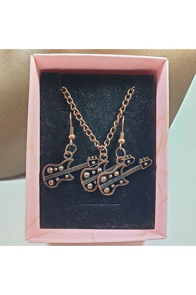 Ororabutik Copper Color 25mm Guitar Figured Necklace and Earring Set