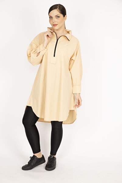 Şans Жіноча бежева сорочка великого розміру з застібкою спереду та манжетами 65n36182
