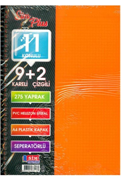 SİM A4 Büyük Boy 275 Yaprak Spiralli Plastik Kapaklı 9 Kareli 2 Çizgili Defter