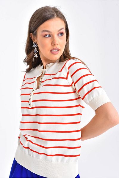 VOLT CLOTHİNG Women's Short Sleeve Button Detailed Striped Knitwear Blouse