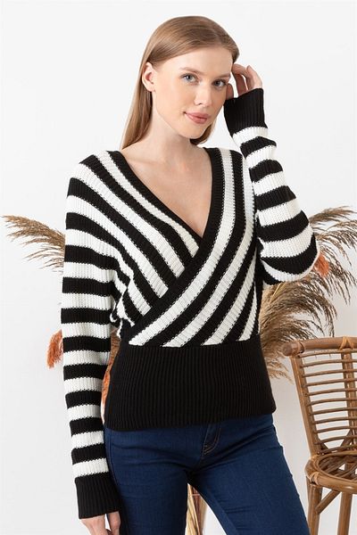 AQE FASHION Pulover negru cu mânecă lungă, cu decolteu în V, cu dungi