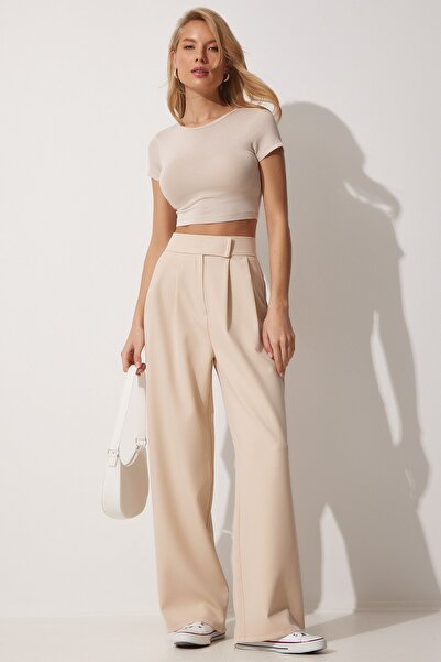 Happiness İstanbul Női krémszínű derékbő nadrág tépőzárral YL00001