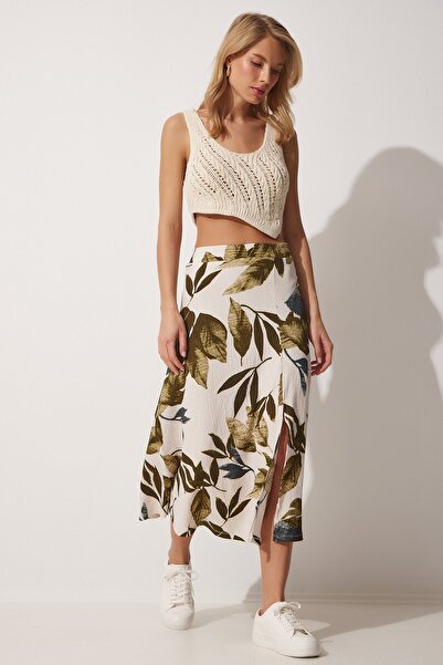 Happiness İstanbul Női zöld krém mintás hasított nyári kötött szoknya ZH00017