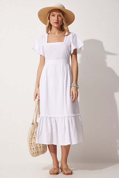 Happiness İstanbul Bílé dámské plátěné šaty s čtvercovým límečkem JH00046