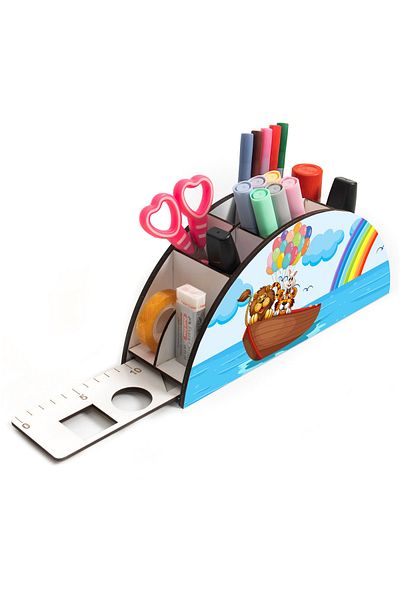 kutuTR Wooden Vip Animal Series Rainbow Ruled Desktop Pen Holder Organizer for Kids Assembled Boxed