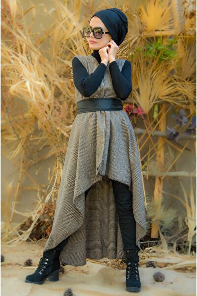 Aişe tesettür Μπεζ Μαύρο Καρό Γιλέκο