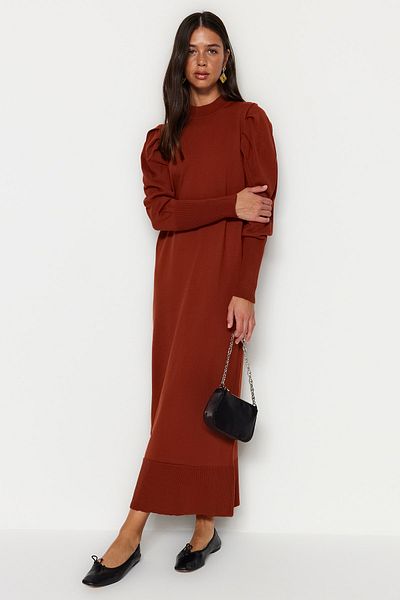 Trendyol Modest Πλεκτό φόρεμα Tile Crew Neck Shoulder Gathered TCTAW23EB00047