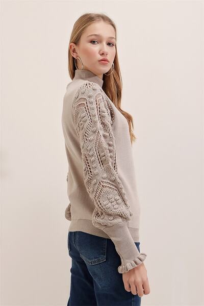 AQE FASHION Γυναικείο πουλόβερ με δαντέλα με μισό μανίκι ψαρά