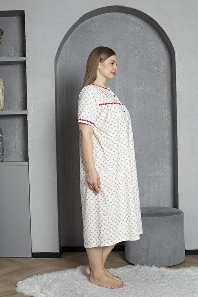 SEBOTEKS Buttoned Collar Short Sleeve 100% Cotton Combed Plus Size Mother's Nightgown 529