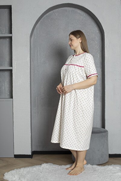 SEBOTEKS Buttoned Collar Short Sleeve 100% Cotton Combed Plus Size Mother's Nightgown 529