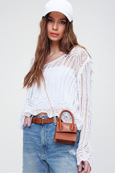 AQE FASHION Pulover de damă alb din tricotaj ajurat