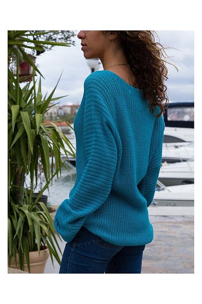 AQE FASHION Women's Turquoise V-Neck Wide Sleeve Sweater