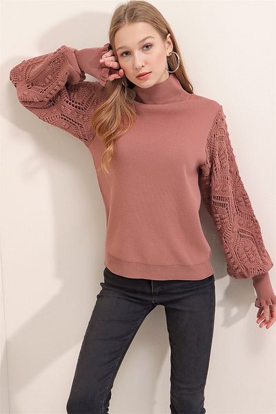 AQE FASHION Дамски пуловер с поло яка и ръкав с канела и дантела
