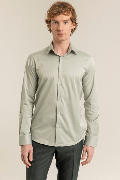 alenmeza Men's Light Green 100% Cotton Satin Non-iron Ironing Casual Pocketless Modern Fit Shirt