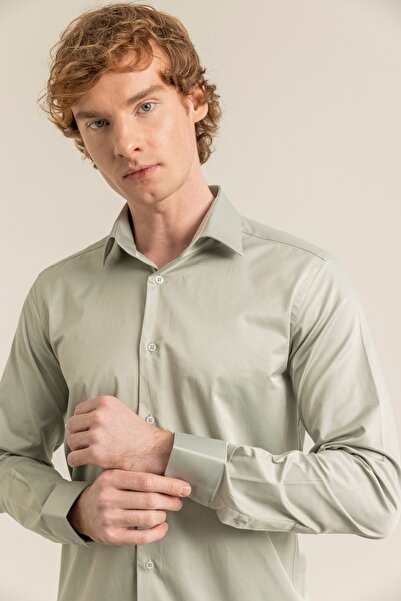 alenmeza Men's Light Green 100% Cotton Satin Non-iron Ironing Casual Pocketless Modern Fit Shirt