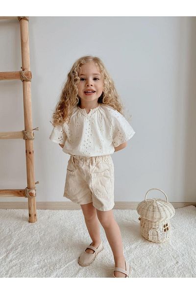 Pink Hippo Kids Girl's Double Bottom Top Set with Scallop Detailed Blouse and Denim Shorts