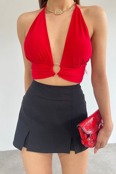Dark Lavish Women's Red Stylish Crop Bustier with Rope Detail on