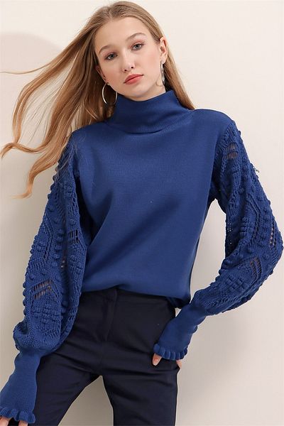 AQE FASHION Pulover de damă Saks cu mânecă țestoasă jumătate din dantelă