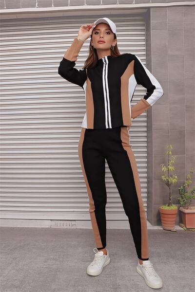 AQE FASHION Şerit Detaylı Fermuarlı Pantolonlu Ikili Takm Tayt