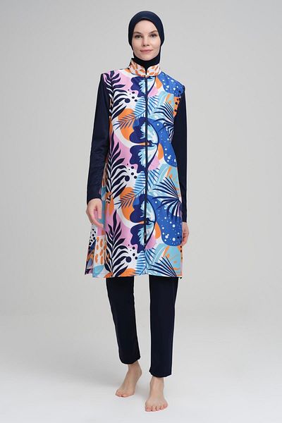 Nehar Colorful Patterned Navy Blue Jelly 3 Piece Hijab Swimsuit Set 2219