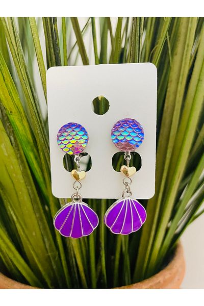 1PARÇAMAVİ Purple Oyster Shell Mermaid Mermarid Clip-on Children's Earrings - Pinched Earrings