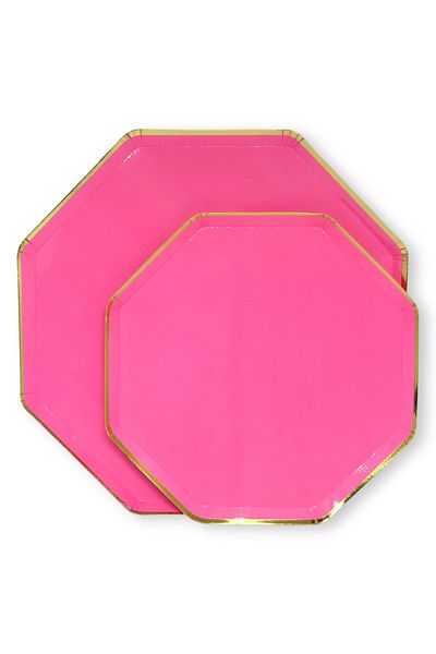 Mare Karnaval Octagonal Fuchsia Gold Gilt Cardboard Party Plate 8 Pieces-18cm
