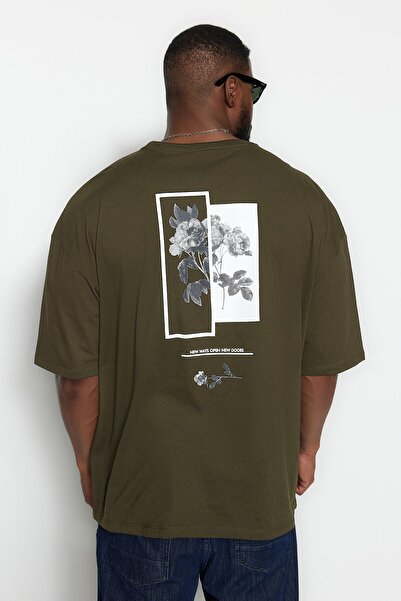 Trendyol Collection Khaki Oversize Floral Printed Comfortable Cotton T-Shirt - TMNSS23TS00136