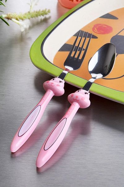 MorPort Baby 3 Piece Rabbit Figured Children's Fork Spoon and Food Plate set Baby Plate Fork Spoon Set (pink)