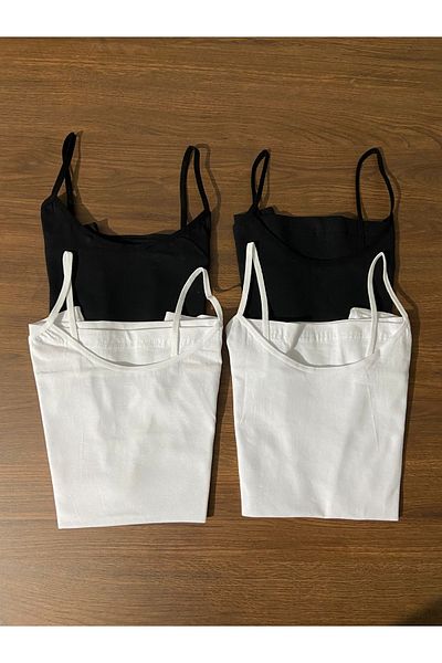 ParisTrend Women's 2 White 2 Black Rope Strap Lycra Combed Cotton Undershirt, 4-Piece