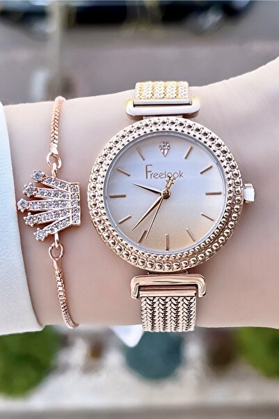 Freelook Rose Renk Çelik Kordon 5 Atm Su Geçirmez Kadın Kol Saati Bileklik